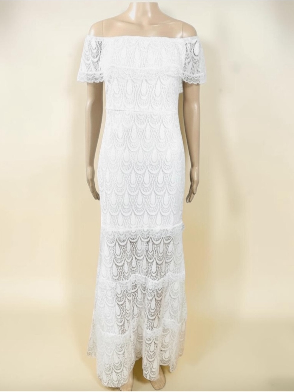 Elegant boho off-shoulder crochet lace maxi dress Sz M